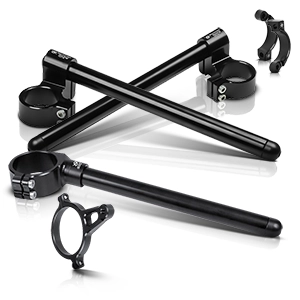 Black CNC-machined motorcycle clip-on handlebars with clamps and accessories.